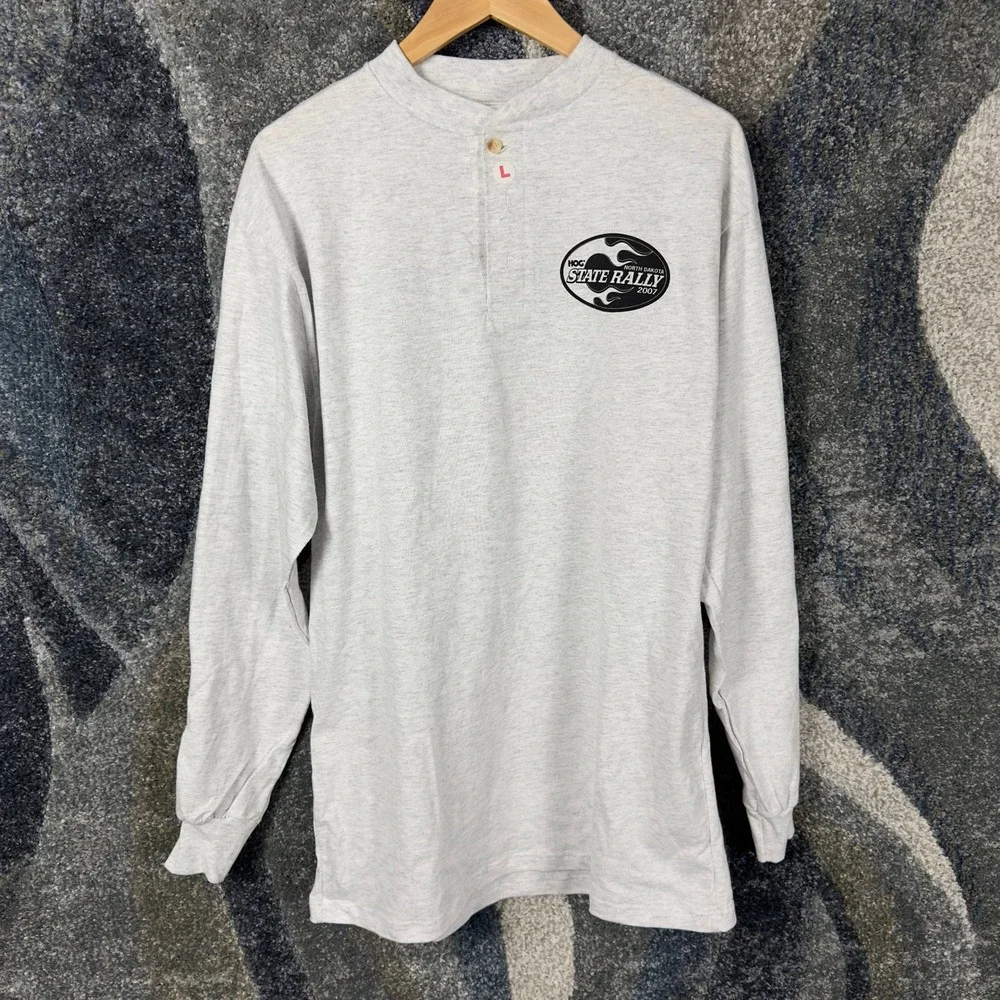 Vintage Union Line HOG State Rally Henley Mens L Gray North Dakota‎ Biker 2007